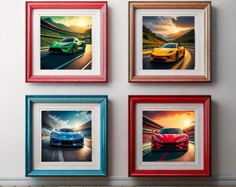 May include: Four framed pictures of sports cars on a white wall. Each picture has a different colored frame: red, pink, blue, and red. The cars are green, yellow, blue, and red.