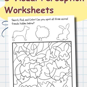 Op de afbeelding: Een zwart-wit werkblad met de tekst "8 Visual Perception Worksheets". Het werkblad bevat een zoek- en vindpuzzel met een hond, een kip en een konijn, en de tekst "Search, Find, and Color! Can you spot all three animal friends hidden below?"