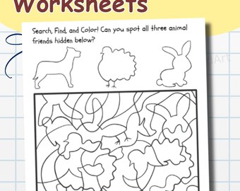 Hidden Animal Search Worksheet Set, Preschool Focus Activity (PDF Pattern)