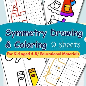Puede incluir: Material educativo para niños de 4 a 8 años. La imagen muestra 9 hojas para dibujar y colorear simetrías. Las hojas presentan dibujos de un castillo, un vestido, calcetines y otros objetos. El texto de la imagen dice "Symmetry Drawing & Coloring 9 sheets".