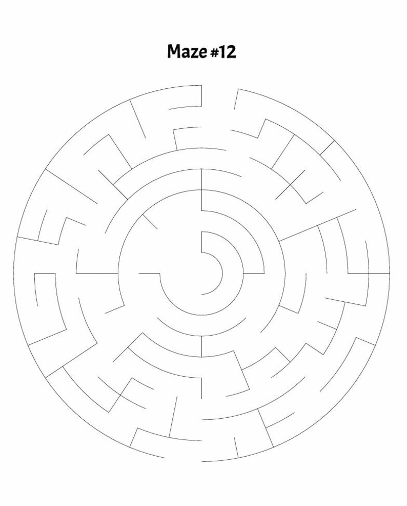May include: A black and white circular maze with the text "Maze #12" at the top.