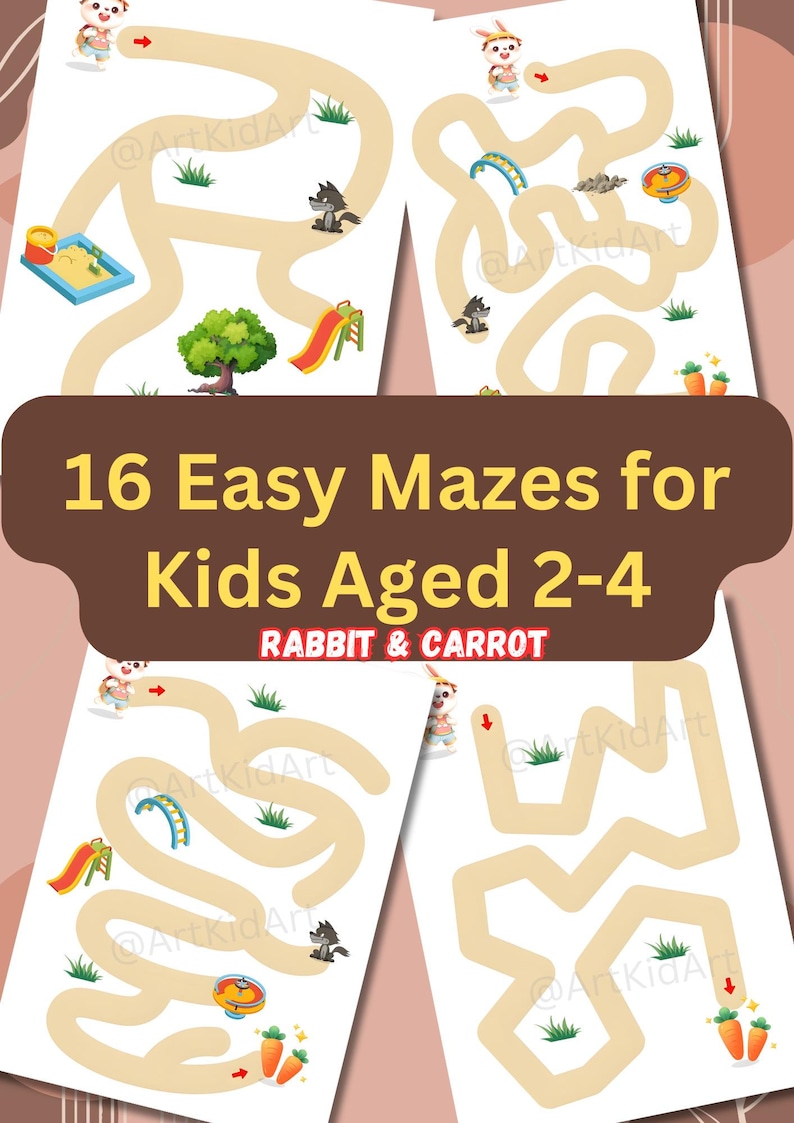 16 cute and easy mazes for kids/toddlers. Help rabbits find the carrots. A4 sizes. Instant printable.