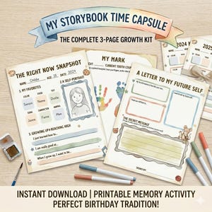 May include: A printable memory activity kit with the text "My Storybook Time Capsule" and "The Complete 3-Page Growth Kit." The kit includes pages for recording favorites, self-portraits, and future aspirations. Includes pens and watercolor paint.