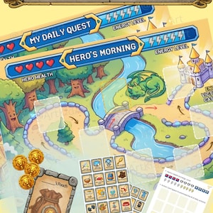 May include: A colorful illustrated game pack titled "Hero's Journey Ultimate Routine Pack." The pack includes a game board with a path, a dragon, and a castle. Also included are cards, coins, and a pouch. The text includes "My Daily Quest" and "Hero's Morning."