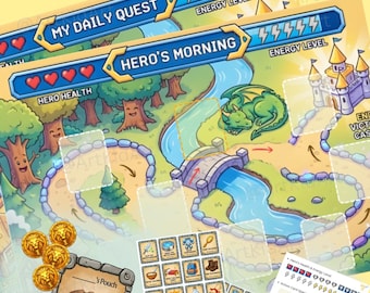 Editable, Gamified Daily Routine Chart for Kids, Adventure Quest Board with 29 RPG Action Cards, Reward Coins & DIY Behavior Tracker