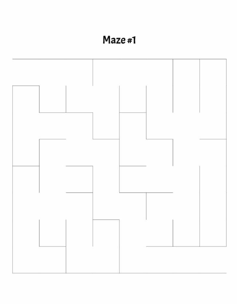 May include: A black and white maze with the text "Maze #1" at the top.