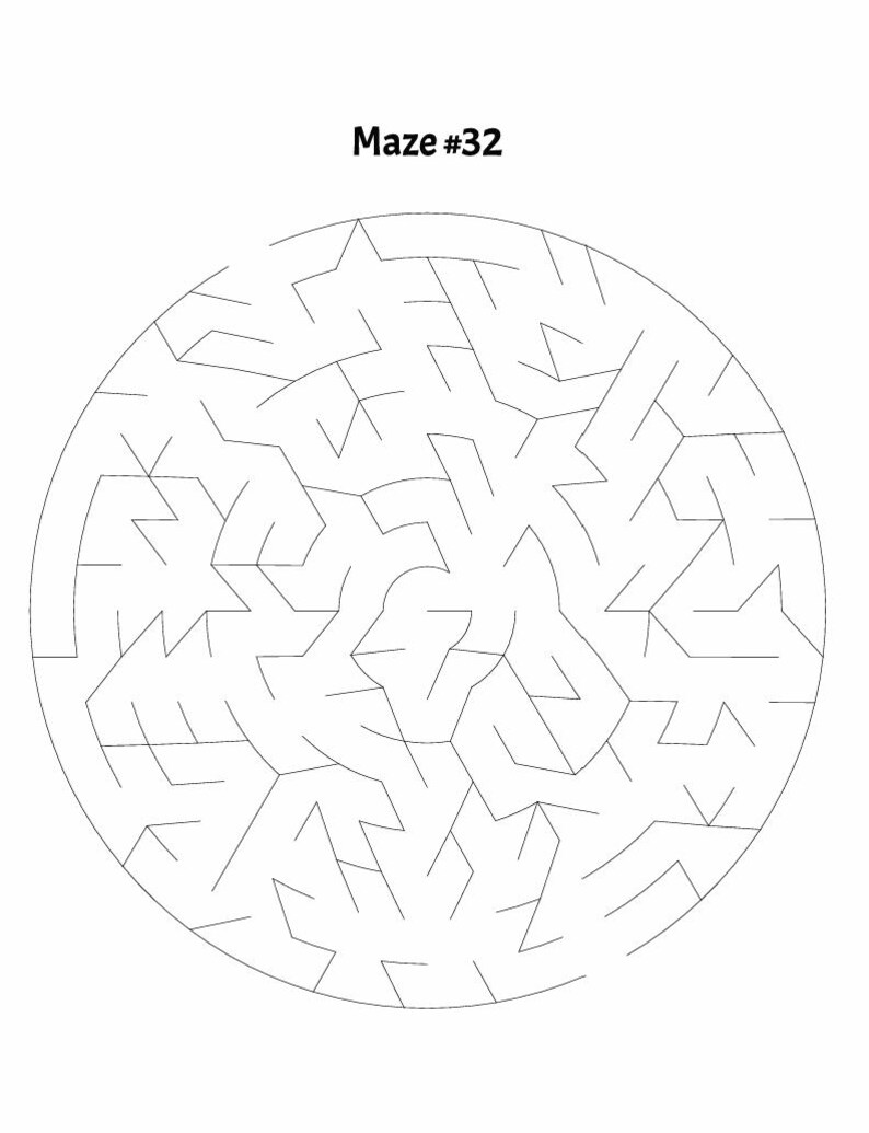 May include: A black and white circular maze with the text "Maze #32" at the top.