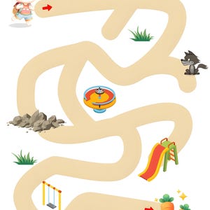 May include: A cartoon bunny rabbit with a backpack follows a winding path through a playground. The path leads to two carrots. The playground has a swing set, a slide, a merry-go-round, and a wolf.