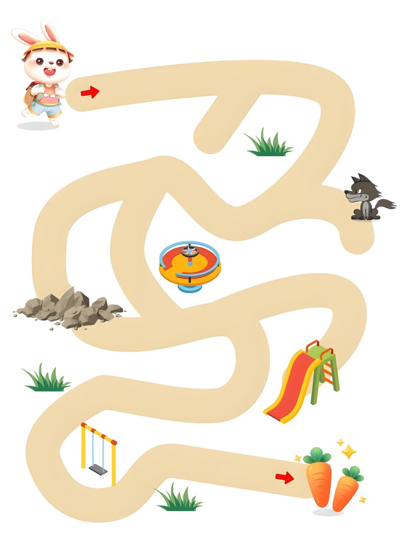 May include: A cartoon bunny rabbit with a backpack follows a winding path through a playground. The path leads to two carrots. The playground has a swing set, a slide, a merry-go-round, and a wolf.