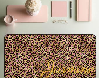 Personalized Leopard Print Desk Mat: Custom Name Office Decor