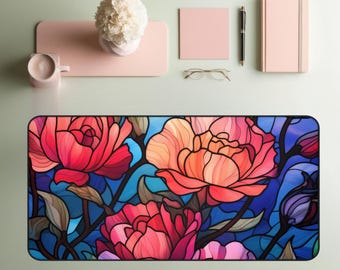 Rose Stained Glass Desk Mat: Botanical Wildflower Mouse Pad