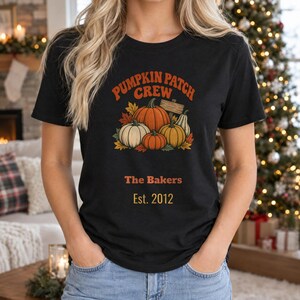 Custom Pumpkin Patch Crew Shirt with Family Name, Personalized Fall Halloween T-Shirt, Matching Pumpkin Patch Tee, Unisex Cotton Shirt