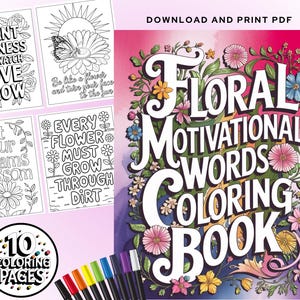 Relaxing Coloring Pages, Floral Motivational Words Coloring Book, Printable Coloring Book, Coloring Pages