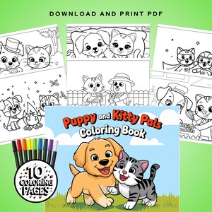 Kids Coloring Pages, Digital Coloring Book, Printable Coloring Book, Cat Dog Coloring Pages, Cute Coloring