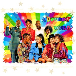 以下が含まれることがあります： 虹色のデザインで「A Different World」の文字が入った、人々のグループを描いたカラフルなグラフィック。 画像には星のアクセントが付いた白いボーダーがあり、さまざまな衣装を着た多様なグループの人々が描かれています。