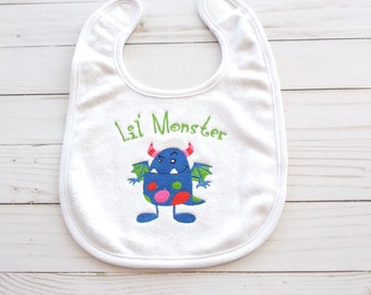 Embroidered little monster baby bib. Gift for baby. Baby shower gift. Terry cloth bib. Embroidered baby bib for Halloween. KBD222
