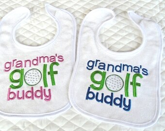 Grandma and grandpa saying embroidered golf  baby bib, baby shower present, gifts for baby, baby bib, golf bib, sports bib, drool bib KBD535