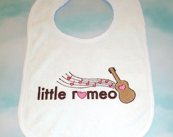 Gifts for baby. Baby shower gift. Musical bib. Rock star romeo guitar baby bib. Embroidered infant feeding bib. Customize. KBD323