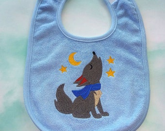 Embroidered wolf baby bib. Baby shower gift. Gifts for baby. Baby bib for the Wolf family. Animal lover bib. Terry cloth baby bib. KBD539