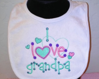Embroidered "I Love Grandpa" Baby Bib, Customizable Colors