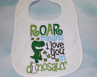 Dinosaur embroidered baby bib with saying. T-rex dino bib. Gifts for baby. Baby shower gift. Baby bib. Terry cloth drool baby bib. KBD192