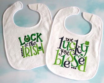 Embroidered green Irish baby bib, St. Patrick's day baby bib, Luck of the Irish feeding cloth, baby shower present, gift for baby. KBD193