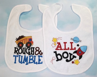 Embroidered little brother baby bibs with saying. Gift for newborn infant. Baby shower present. Truck, rocket, helicopter bib. boy bib.