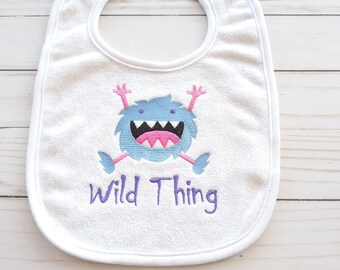 Embroidered wild thing monster baby bib. Gift for baby. Baby shower gift. Terry cloth bib. Halloween bib. Can customize colors. KBD222