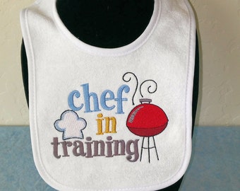 Chef in training embroidered baby bib. Gifts for baby. Baby shower gift. Embroidered terry cloth baby bib. BBQ baby bib. Customize. KBD20120