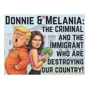May include: A political cartoon featuring Donald Trump in an orange prison jumpsuit and Melania Trump. The text reads "DONNIE & MELANIA: THE CRIMINAL AND THE IMMIGRANT WHO ARE DESTROYING OUR COUNTRY!" The background shows a depiction of the White House.