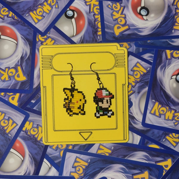 Ash and Pikachu Pixel Beaded Earrings- Pokémon Yellow Red Blue