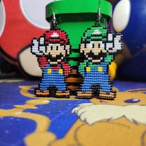 Beaded Mario and Luigi pixel Earrings