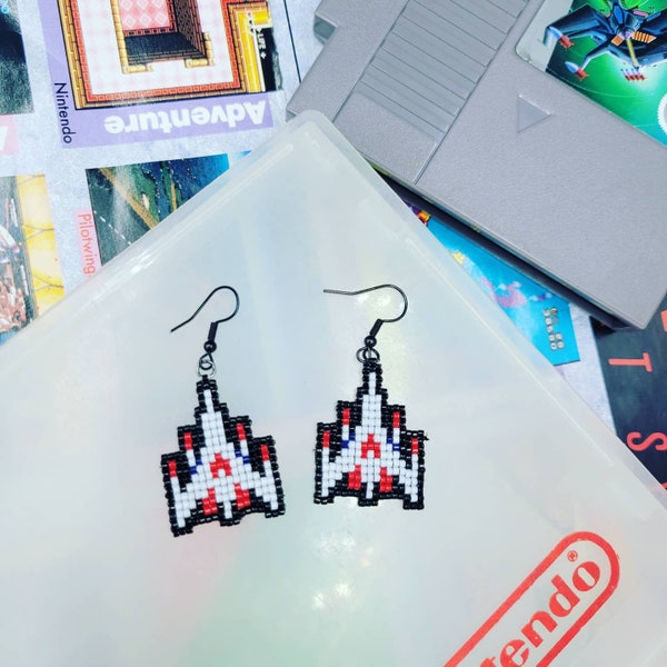 Beaded Pixel Retro Arcade Spaceship Earrings- Atari Galaga- Classic video game accessory