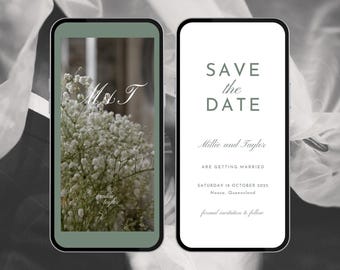 Invitation électronique à réserver une date pour mariage animée vert sauge (téléchargement numérique)