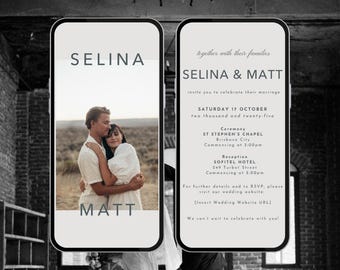 May include: A wedding invitation announcement for Selina and Matt. The invitation includes the date, time, and location of the ceremony and reception. The couple is pictured in a black and white photo.