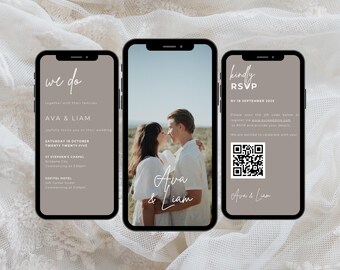 Puede incluir: Tres pantallas de teléfono móvil que muestran una invitación de boda. La primera pantalla dice "we do" y tiene los nombres Ava & Liam, la fecha y la ubicación de la boda. La segunda pantalla muestra una foto de una pareja y dice "Ava & Liam". La tercera pantalla dice "kindly RSVP" y tiene un código QR.