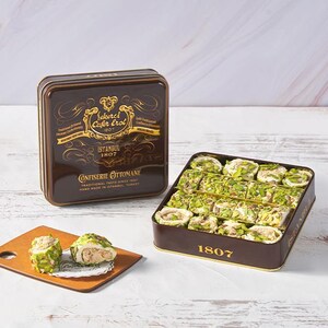 Cafer Erol 1807 - Fillet Pistachio-Covered Hazelnut Paste Paşa Sarma Roll Turkish Delight Small Retro Tin - 380g (Free Shipping)