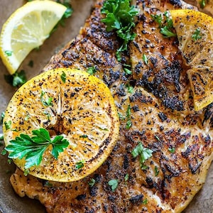 May include: Close-up of a grilled fish fillet with lemon slices and parsley on a brown plate. The fish is cooked to a golden brown and has a crispy texture.