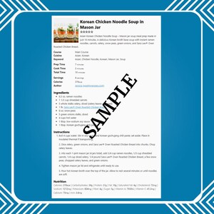 May include: A recipe for Korean Chicken Noodle Soup in a Mason Jar. The recipe includes ingredients like ramen noodles, carrots, celery, snow peas, green onions, and Sara Lee Oven Roasted Chicken Breast. The recipe also includes instructions and nutritional information.