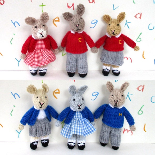 Back to School Bunnies - 7" (18cm) - rabbit knitting pattern, toy knitting pattern, Pdf