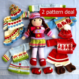 May include: A knitted doll with a colourful patchwork dress and a variety of knitted clothing items, including sweaters, hats, and skirts. The image includes the text "2 pattern deal".