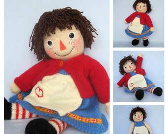 Merrily Ann/ Raggedy Ann - 18 po. (45 cm) - Modèle tricot de poupée - Fil DK, 2 aiguilles - robe, gilet, tablier - Modèle de tricot jouet - Pdf