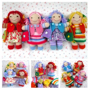 May include: Handmade knitted dolls with yarn hair and smiling faces. Each doll wears a unique outfit, including dresses, sweaters, and purses. The dolls have red, pink, purple, and yellow hair. The dolls are approximately 25 cm tall.