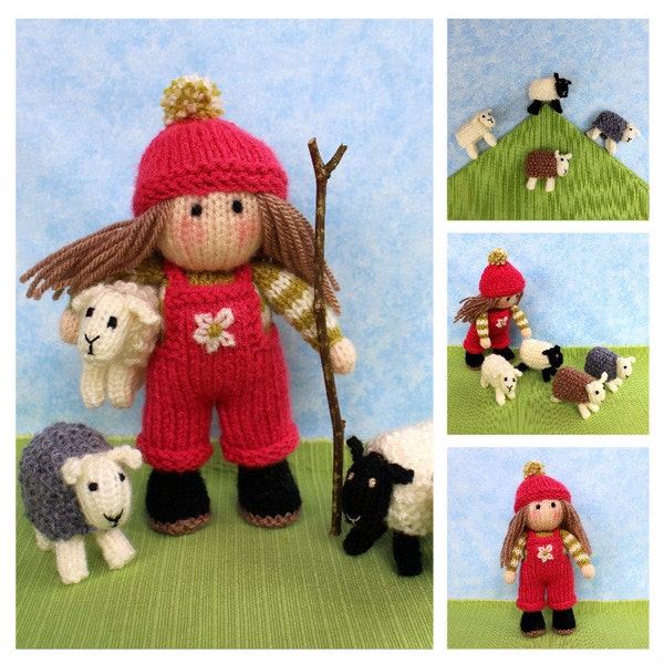 Bo Peep 7" (17cm) doll plus sheep. Knitted doll and sheep knitting pattern. PDF INSTANT DOWNLOAD