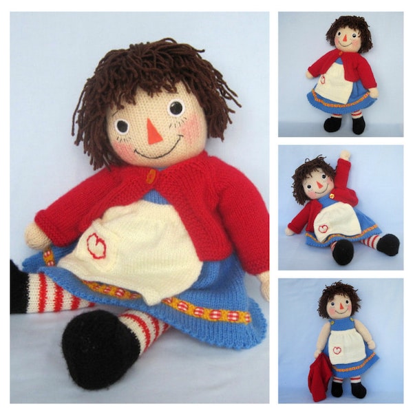 Merrily Ann/ Raggedy Ann - 18" (45cm) - Doll knitting pattern - DK Yarn, 2 needles - dress, cardigan, apron - Toy knitting patten - Pdf