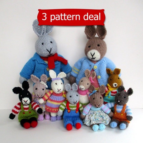 3 PATTERN DEAL - Father Bunny, Mother Bunny, Rabbit Rascals - Rabbit doll knitting patterns - PDF Instant download