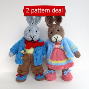 May include: Two knitted bunny rabbit toys, one gray with a blue jacket and brown pants, the other brown with a blue cardigan and pink dress. The text "2 pattern deal" is on a red banner above the toys.