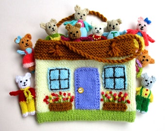 10 Tiny  3'' Bears and Cottage Bag - Toy knitting pattern - Pocket Doll - Instant Download PDF