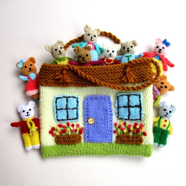 NEU - 10 kleine 3 '' Bären und Cottage Tasche - Spielzeug Strickmuster - Pocket Doll - Instant Download PDF