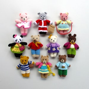 10 BUSY LITTLE BEARS - 4" (10cm), knitted flat, 2 needles, Dk yarn, toy knitting pattern, doll house bear, pdf